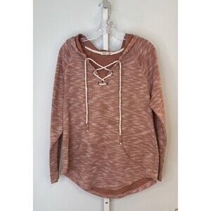 Inspired Hearts Women’s 1X Hoodie Top Pink Lace-Up Neck Waffle Knit Long Sleeve